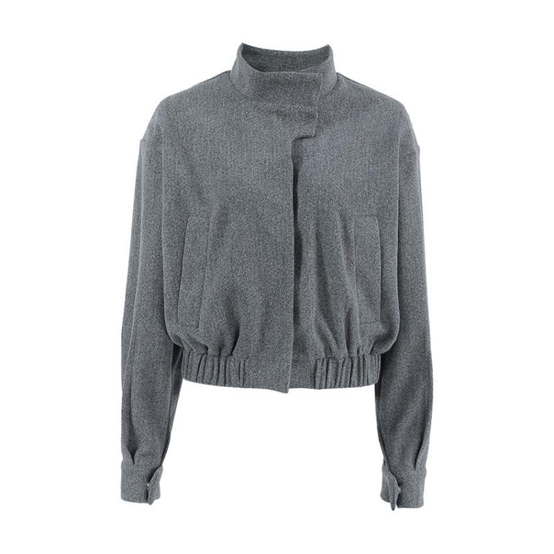 Womens Gray Wool Blend Coat Stand Collar Loose Fit Thick Winter Jacket Commute
