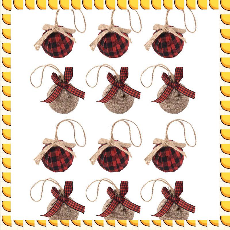 

BAAU Christmas Tree Ornaments, 12 Pcs 2-1/2 Inches Buffalo Check Plaid Stitching Burlap Christmas Decorations