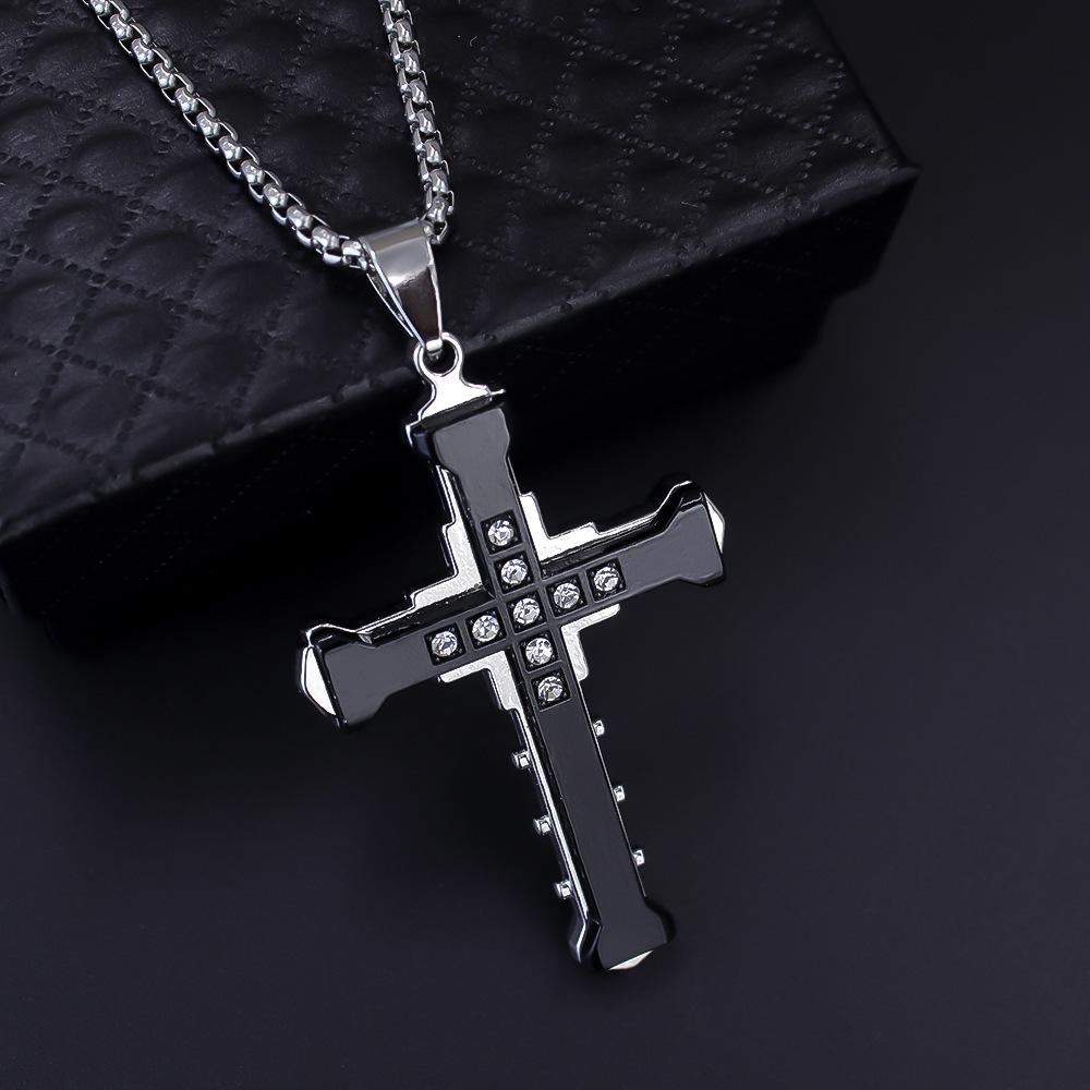 Men's Multi-layer Three-color Diamond Inlaid Cross Necklace
