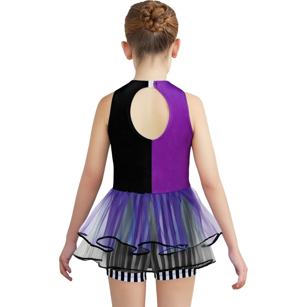 Girls Mad Costume: Sleeveless Stripes Checkerboard Bow Knot Tutu Bodysuit for Fairytale Tea Party Dress Up