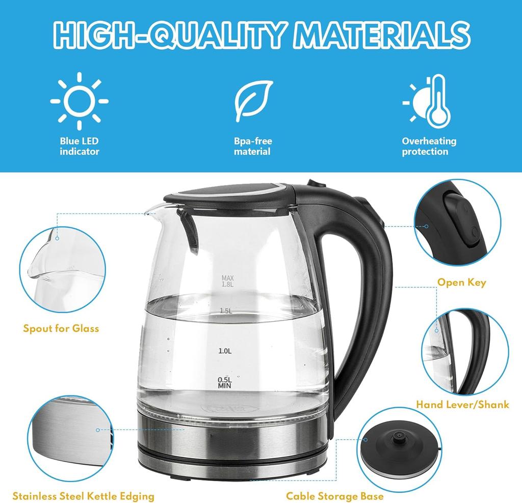 1500W Speed Boil Water Electric Kettle 220V Coffee & Tea Kettle Borosilicate Hot Water Kettle Auto Shut-Off 1.2L 2L