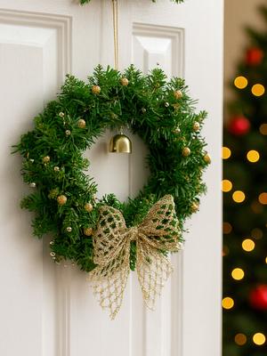 Couronne de Noël avec Décor d'Arc et de Cloche, Couronnes Vertes Artificielles pour Porte d'Entrée, Mur, Arbre de Noël et Décoration Festive pour la Maison, Cadeau