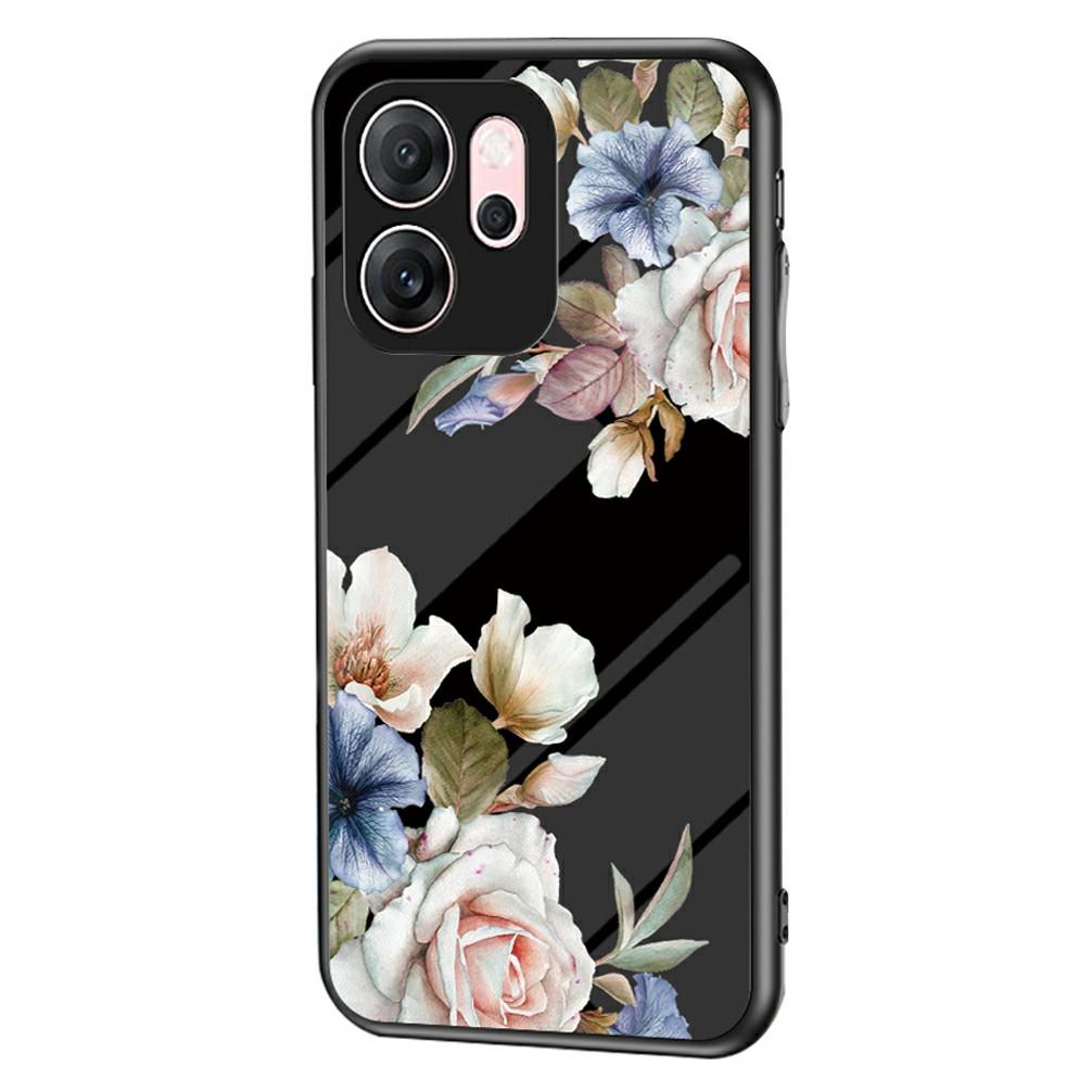 For Oppo Reno14 F 5G Case Floral Pattern TPU+Tempered Glass Protective Phone Cover
