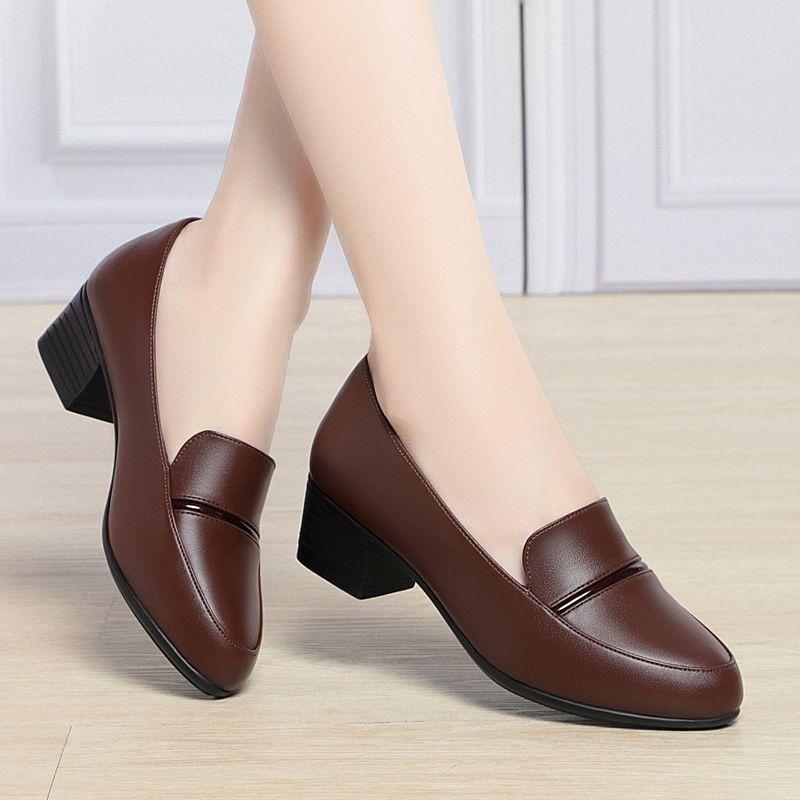 Autumn Thick Heel Middle Old Middle Heel Women's Leather Shoes Single Shoes Soft Leather Comfortable High Heel Single Shoes