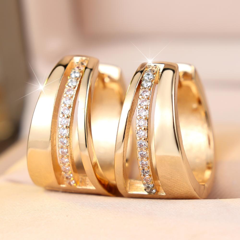 Shining Gold Color Hoop Zircon Earrings for Women Wedding Party Fashion Accessory
