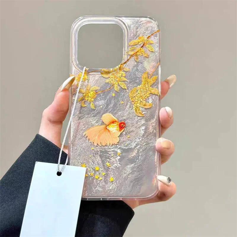 Pevný obal na telefon s texturou zlaté rybky z padlého listí pro IPhone 16 Pro Max 15 14 13 12 11 XS XR X 7 8 16 Plus Nárazuvzdorný kryt