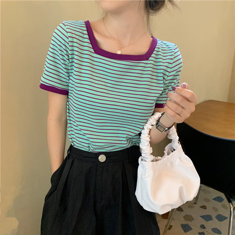 Summer New Striped T-shirt Women's Ice Silk Sweater All-match Bottoming Shirt Square Neck Short-sleeved Inner Short Bm Top