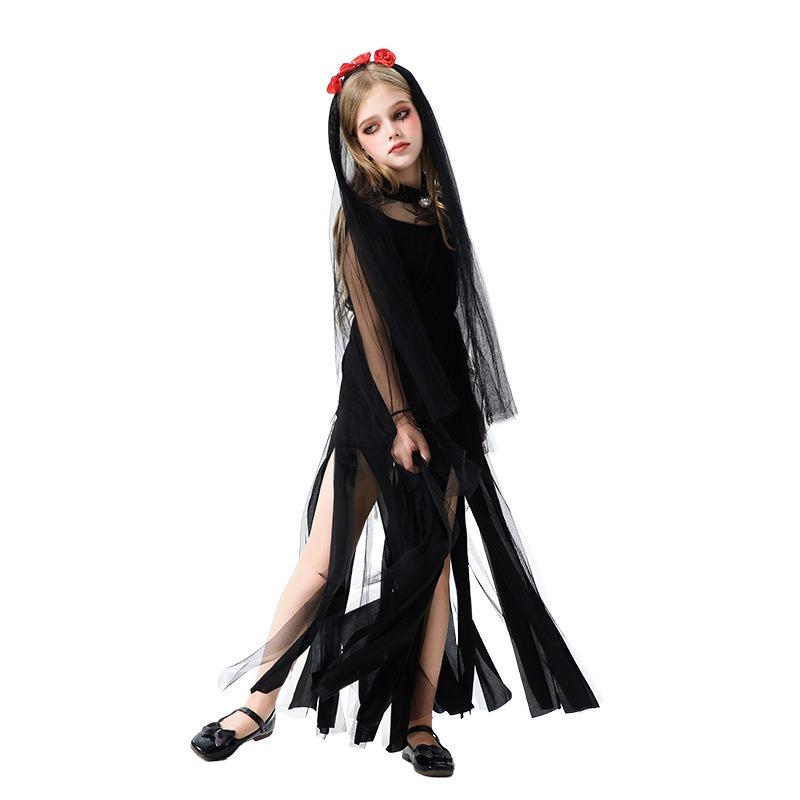 Halloween Children's Costume Girls Dark Demon Ghost Bride Long Dress Vampire Witch Funny Show Costume