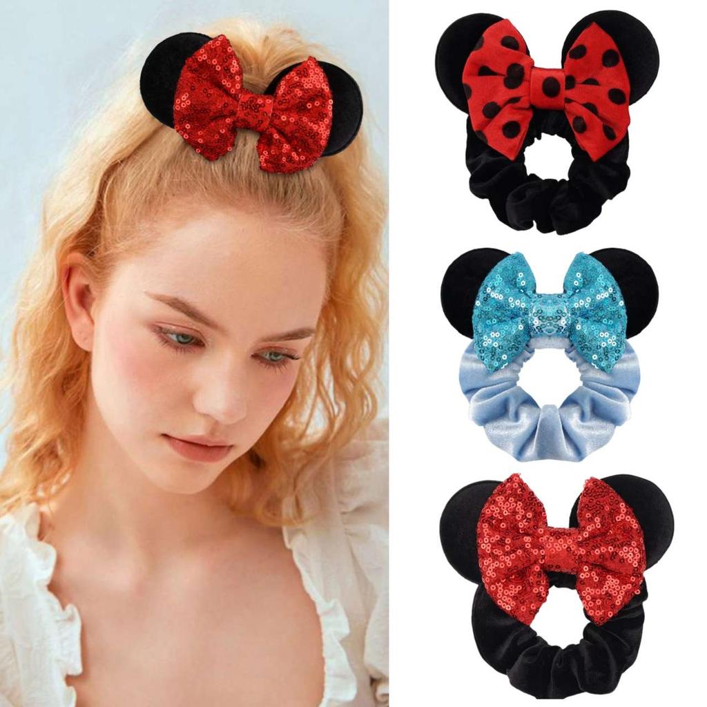 3 Pcs Cute Mouse Ears Hair Scrunchies 12 Styles Velvet Bows for Women Girls Birthday Date Amusement Park Party Hair Bands
