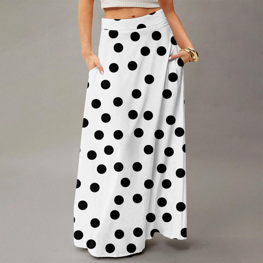 Damska Casualowa Składana Spódnica Maxi z Wysokim Stanem w Kropki z Kieszenią, Draperowana, Luźna