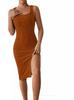 2024 Spring/Summer Sleeveless Slim Fit Dress: Solid Color, Large Hole Stripe Fabric with Slit Design for Women