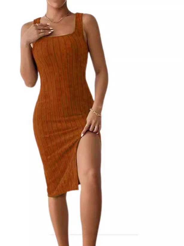 2024 Spring/Summer Sleeveless Slim Fit Dress: Solid Color, Large Hole Stripe Fabric with Slit Design for Women