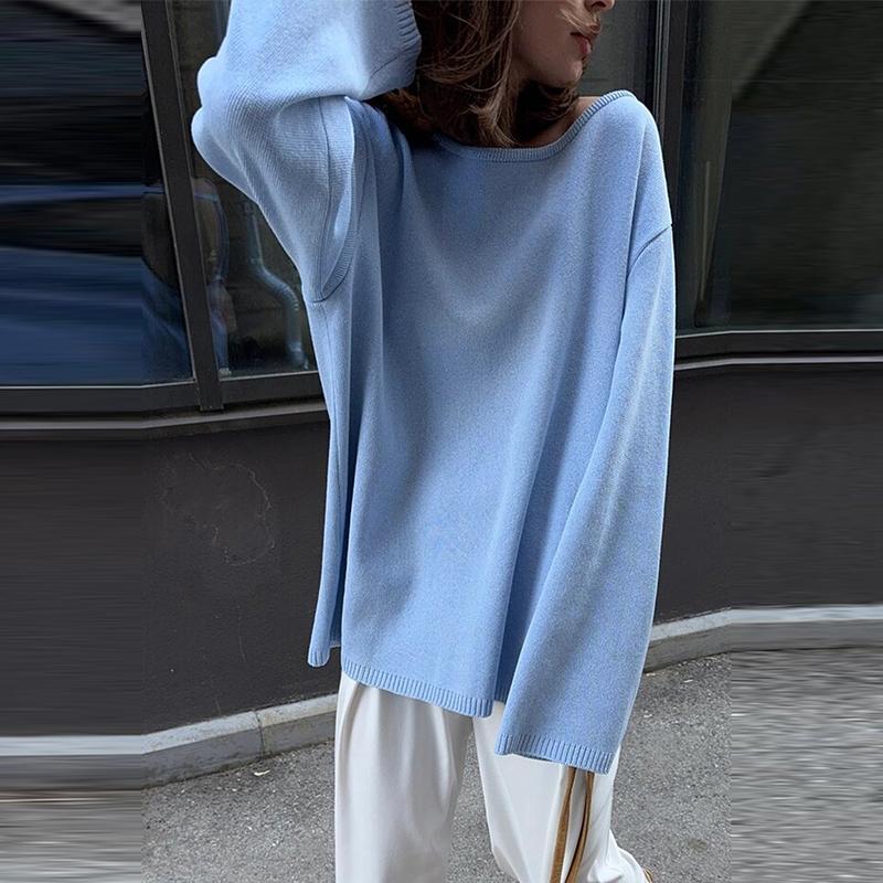 Cotton Pullover Overzie Sweater Women's Sexy Backless Loose Knit Sweater Round Neck Flared Sleeve Solid Color Pull Jumper Autumn/Winter 2025