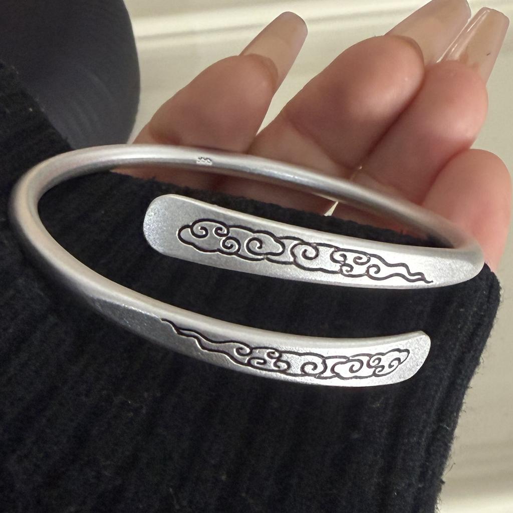 100% Solid 925 Sterling Silver Retro Bracelet for Women Men Vintage Handmade Cloud Pattern Simple Bracelet Birthday Gift