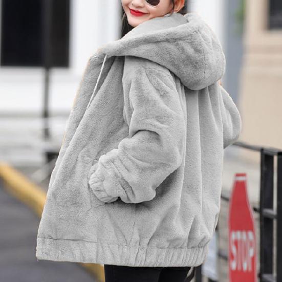 Fall Winter Women Jacket Thick Plush Solid Color Hooded Warm Windproof Soft