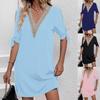 European & American 2024 Summer Solid V-Neck Lace Patchwork Slit Dress with Lace-up Cuffs.