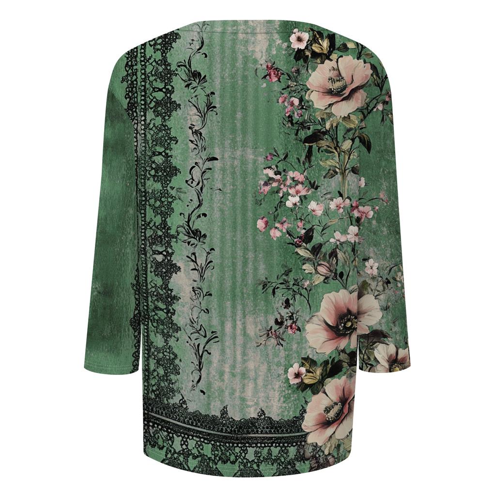 Women's Casual Round Neck Three Quarter Sleeve Floral Print Top Lightweight Soft Fabric Comfortable Fit