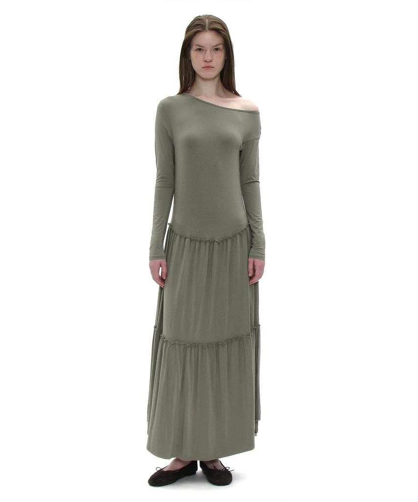 Partimento Woman Pwc Asymmetrical Jersey Shirred Tiered Dress_Light Khaki