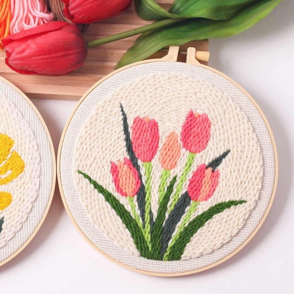 Stamped Cloth Tulip Sunflower Punch Needle Kit Yarn Thread DIY Embroidery Kit