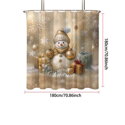 1Pc Gold Christmas Snowman Printed Waterproof Shower Curtain Partition Privacy Hanging Curtain, With 12 Hooks, Easy To Install