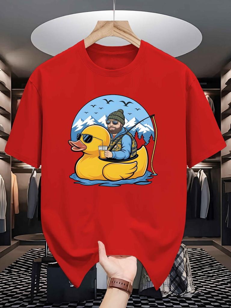 Unisex Crew Neck Tee Outdoor Fisherunisex Rubber Duck Graphic Print Soft Cotton Loose Short Sleeve Summer Casual Male Streetwear Tops