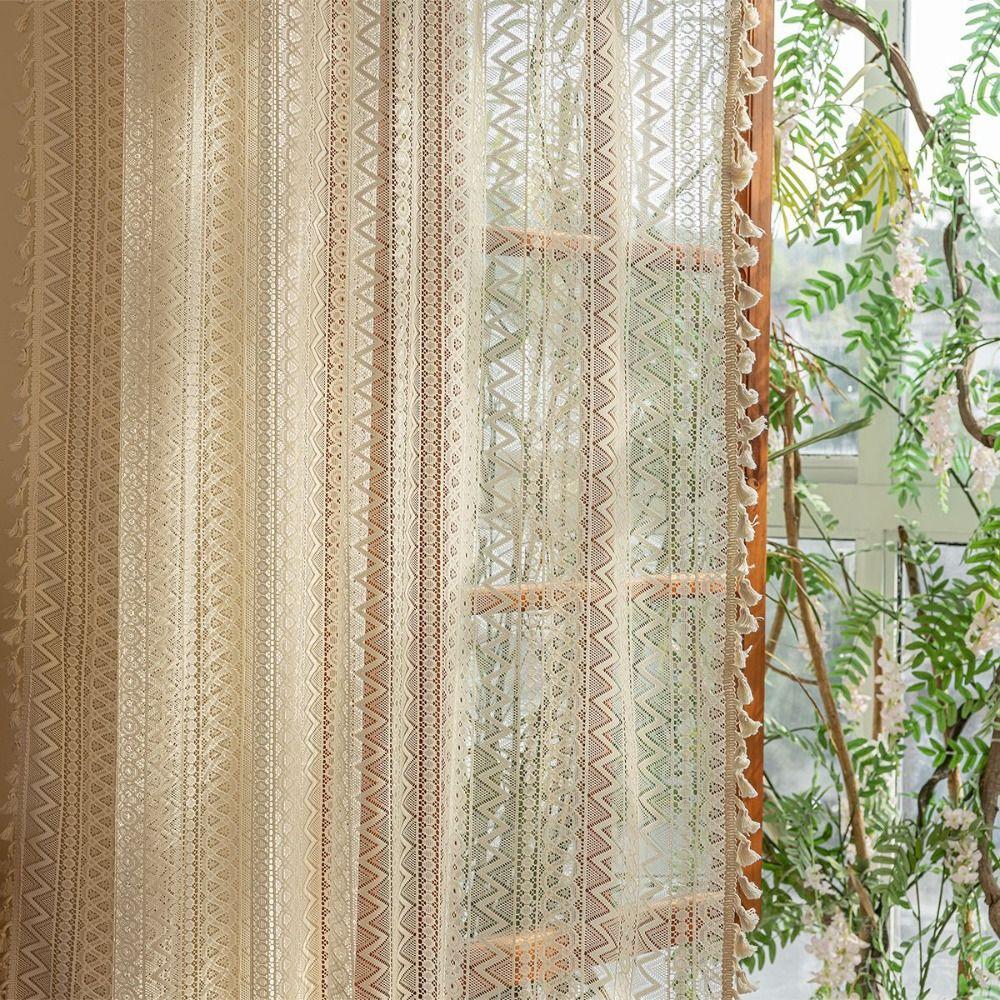 Boho Style Voile Tulle Curtains 140m Tassels Curtain Lace Window Screening Home Decor
