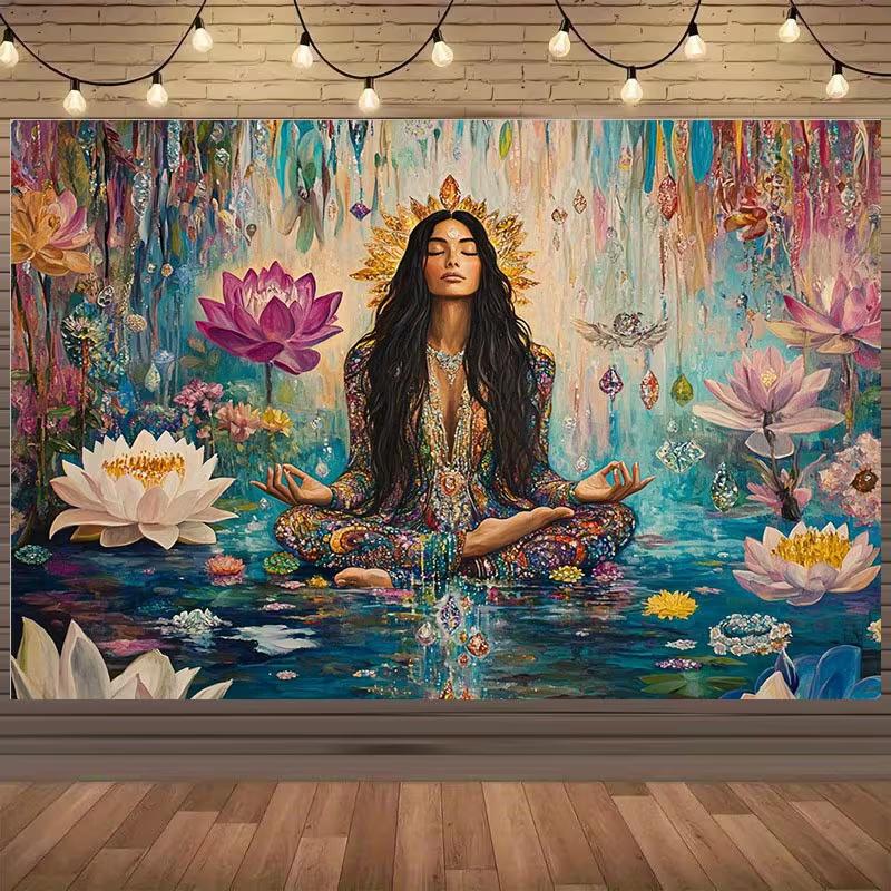 

2D Bohemian Meditation Tapestry Colorful Lotus Pond & Yoga Pose Print Wall Art Tapestry for Home Decoration 47.2x31.5inch/120*80cm