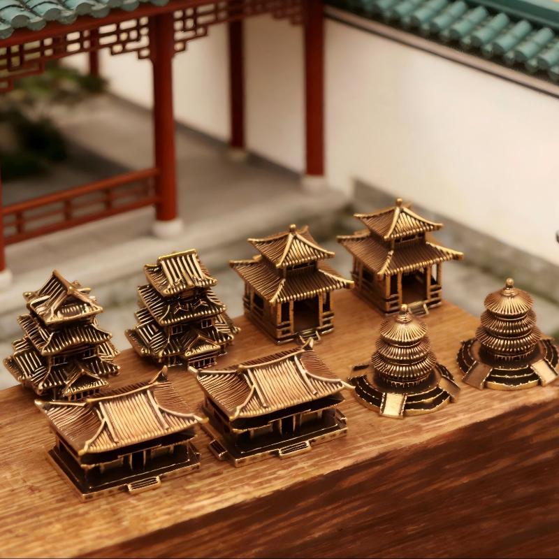 Brass Ancient Architecture Figurines Home Decor Chinese Ancient Buildings Pavilions Fairy Garden Miniatures Fish Tank Decoration