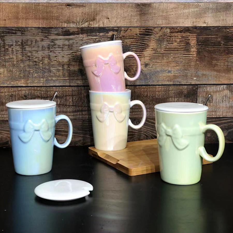 Light Luxury Colorful Relief Bow Mug with Cover Spoon Ceramic Mug