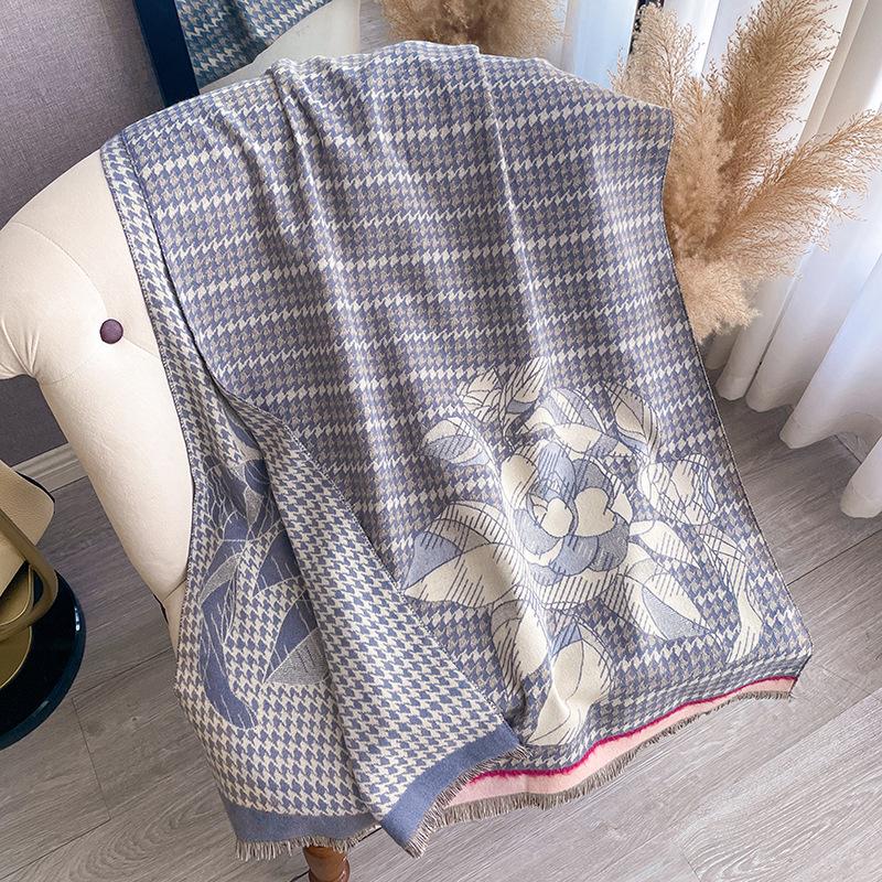 Imitation Cashmere Camellia Thousand Bird Grid Double-Sided Thermal Air Conditioner Shawl Winter Versatile Decorative Scarf