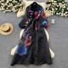 Retro court style printed bubble sleeve dress women's autumn strap waist unique beautiful super fairy long skirt