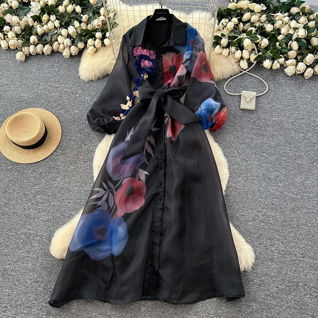 Retro court style printed bubble sleeve dress women's autumn strap waist unique beautiful super fairy long skirt