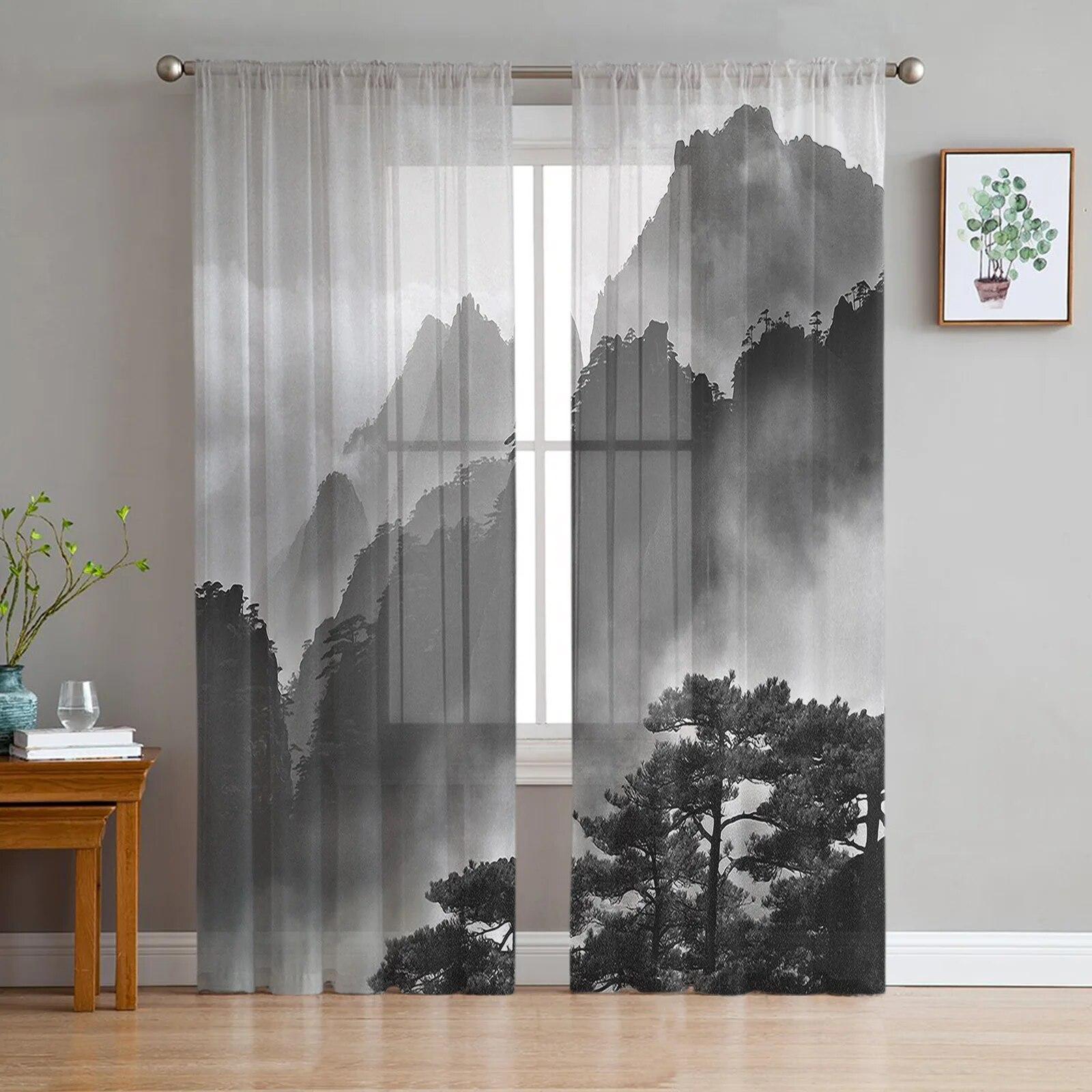 

Тюлевая оконная занавеска «Туманный лес» с деревом для гостиной, спальни, вуаль, прозрачные шторы, кухонные шторы, занавески 135W x 244H(cm)x2