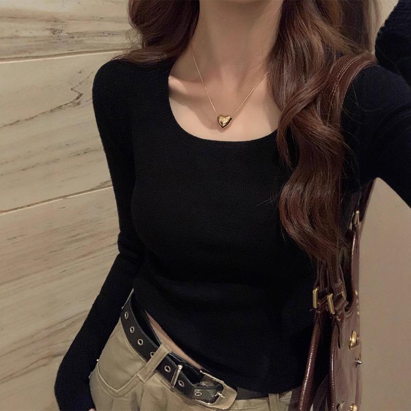 Square neck bottoming shirt, long-sleeved top in early winter, female slim-fitting and thin, small short knitted sweater