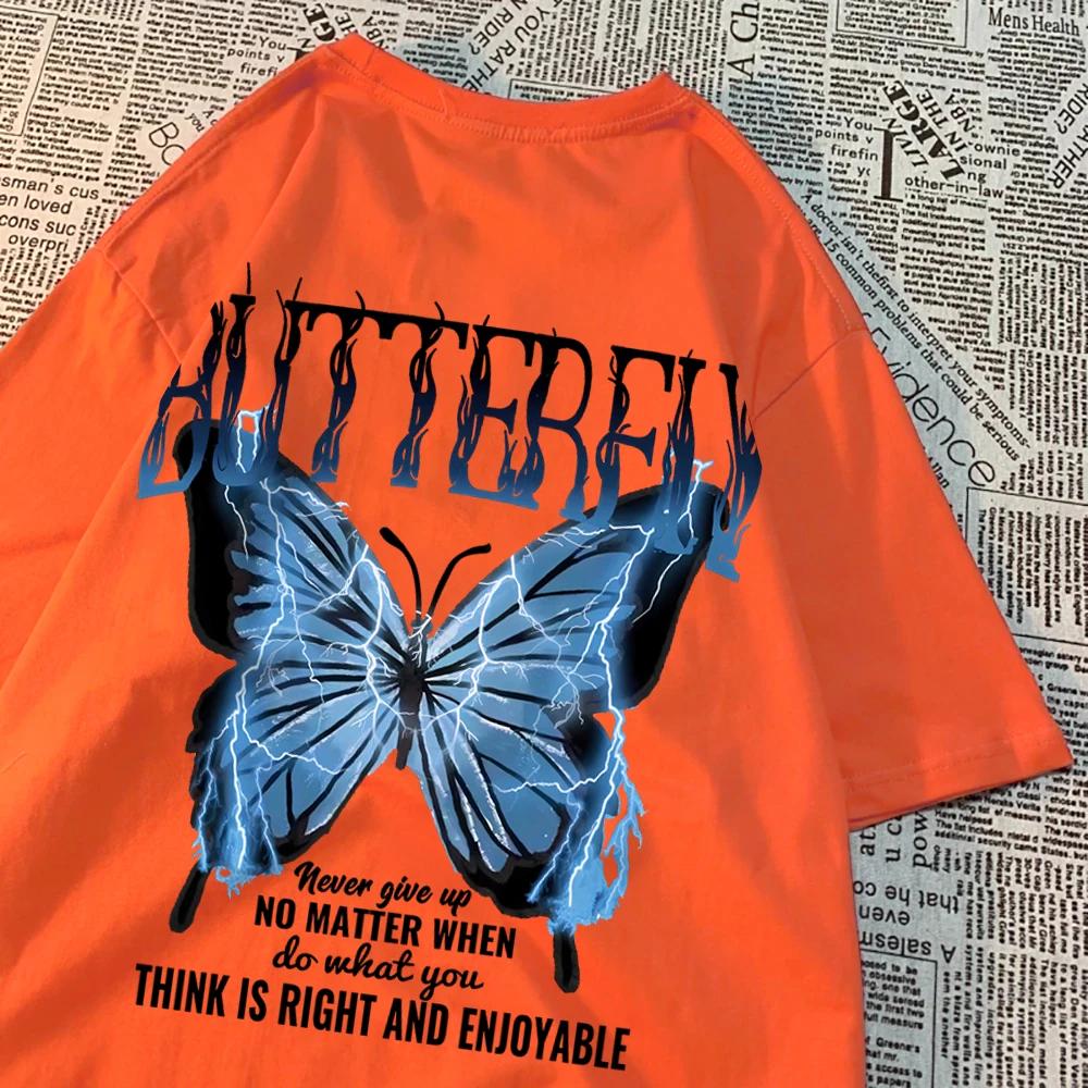 Blue Lightning Butterfly Creative Word T-Shirt Men Casual Oversized T-Shirt Casual Loose Tee Clothes Pattern Quality Tops