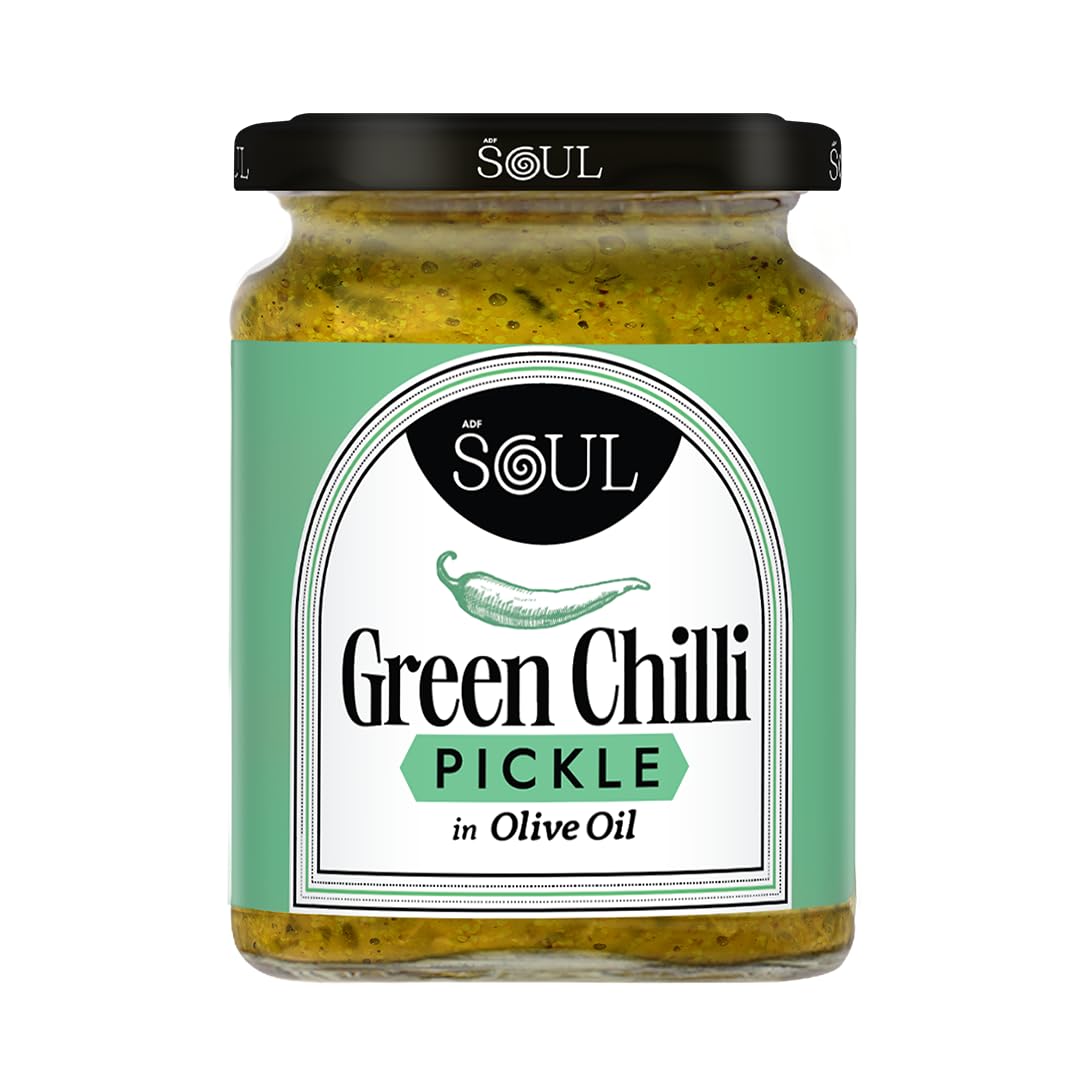 

ADF Soul’s Spicy green chillies pickled in 100% Olive Oil with bold, tangy and traditional Indian spices | 265g