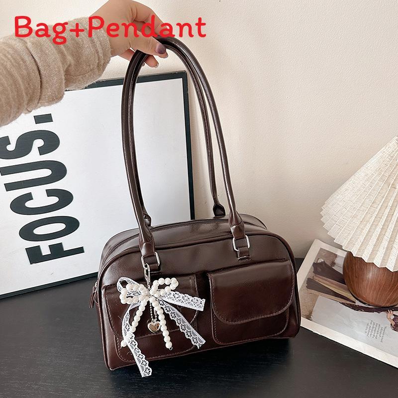 

Pu Ladies Shoulder Bag With Pearl Bow Knot For Daily Use коричневий