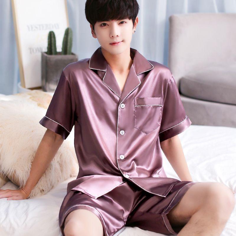 Ice Silk Pajamas Men's Summer Thin Cardigan Short-sleeved Shorts Youth Home Service Suit Simulation Silk