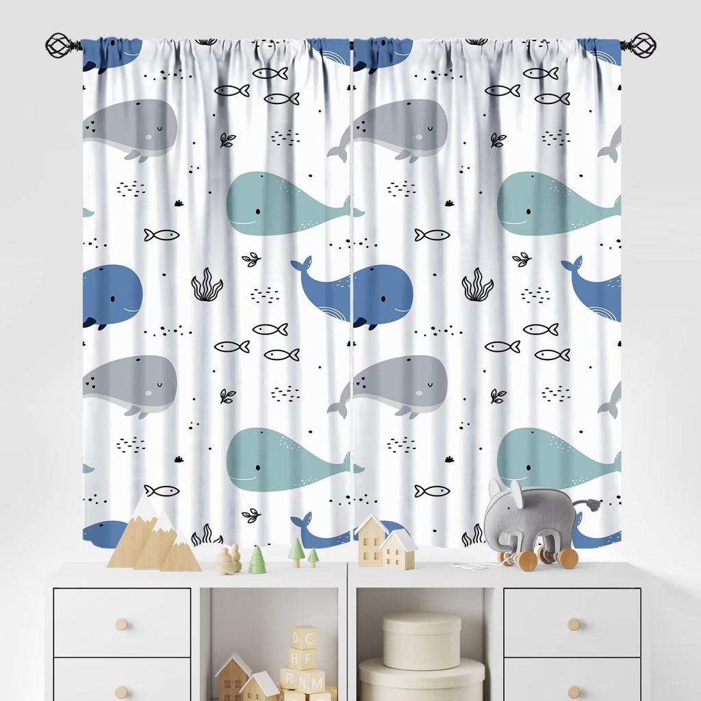 Kids Sea Animal Curtains Teens Boys Girls Bedroom Nursery Decor Cartoon Sharks Art Printed Window Drapes Fabric Light Blocking Polyester Sleeping Area