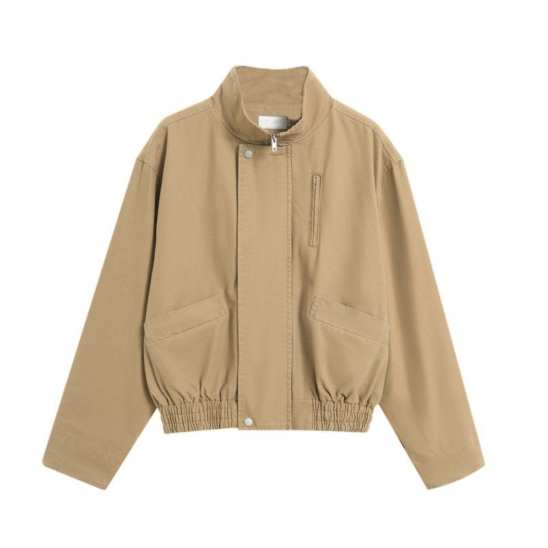 

Kisko American Retro Silhouette Design Stand-Up Collar Work Jacket Unisex Vintage Casual Coat Couple Trend Khaki XL