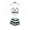 Vacation Style Beach Fashion Suit Halterneck Color-Block V Neck Tassel Vest Camisole + High Waist Hollow-out Wide Leg Shorts