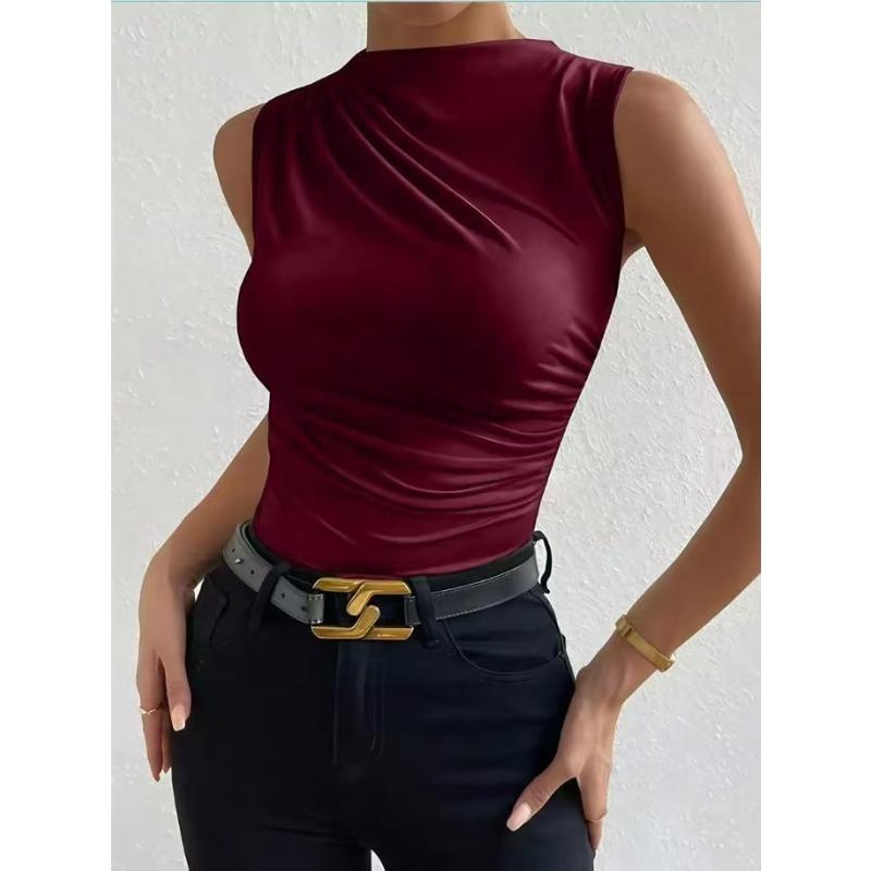 Damen Frühling Sommer Neu, Modischer Vielseitiger Einfarbiger Ärmelloser Pullover mit Falten, Hemd mit Halbtunnelkragen