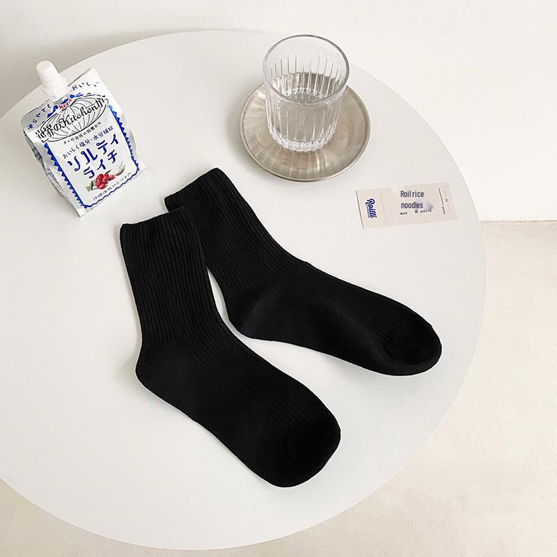 Autumn/Winter Women's Double Needle Vertical Stripe Mid-Calf Socks - Black & White JK Long Socks