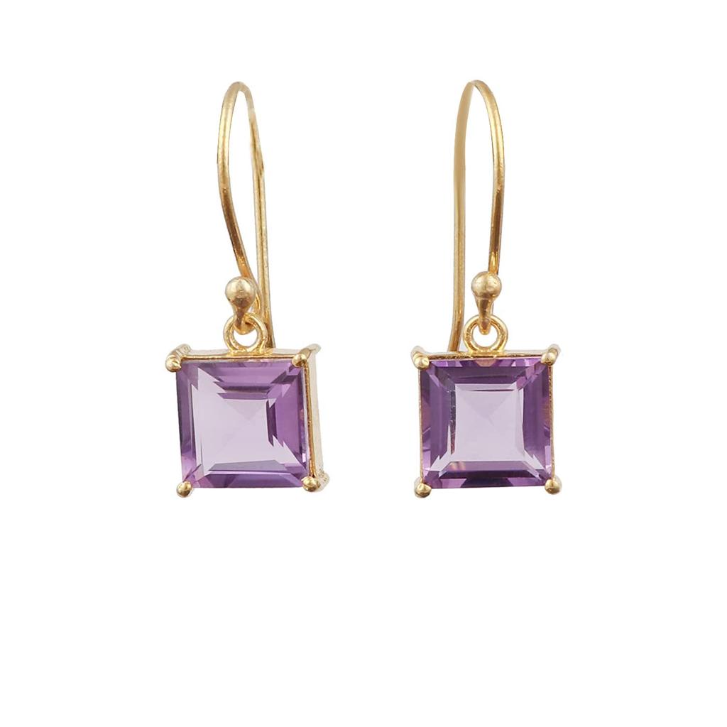 Purple Amethyst Gemstone Faceted Cut Hook Earring | Cushion Shape Gold Plated Prong Sett Brass Jewelry | Handmade Earring For Women |
