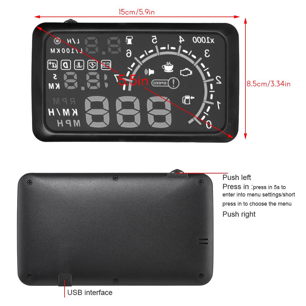 Araba HUD Head Up Display 5.5 "KM/saat ve MPH Hız Uyarısı OBD2 Arayüzü Ön Cam Projektörü