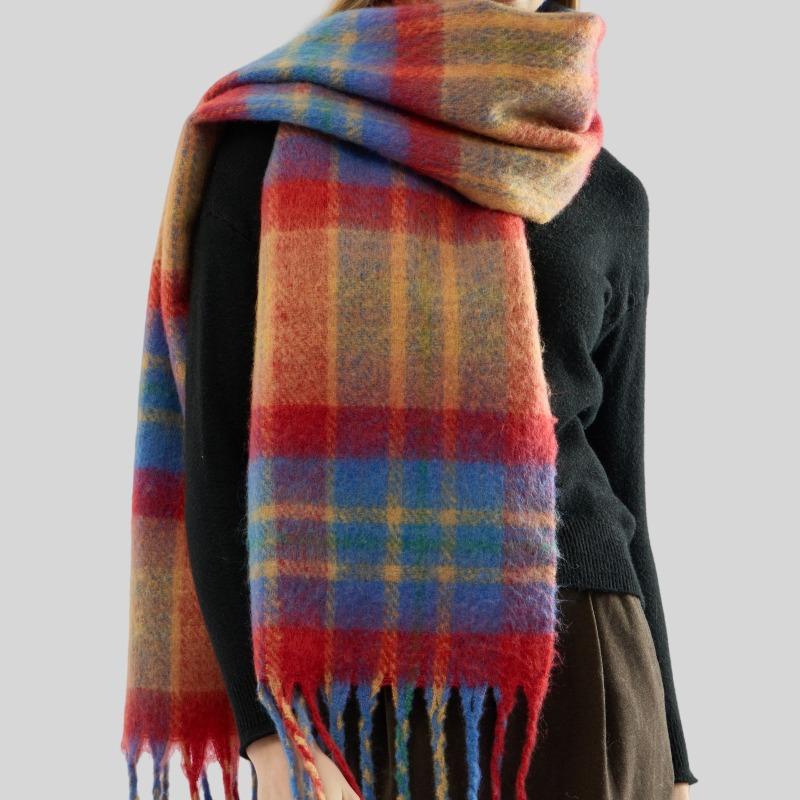 Mohair rainbow plaid fringed scarf women's thickened warm wool lengthened scarf