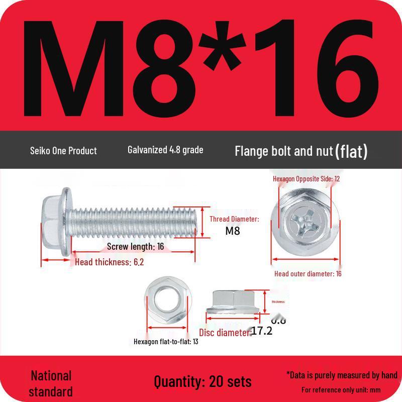 4.8 Grade Galvanized Hex Bolt Set with Anti-slip Washer & Nut, Cross Flange Head, M4/M5/M6/M8mm