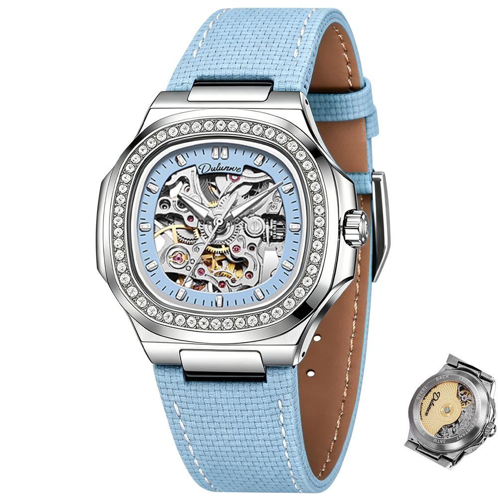 Skeleton Mechanical Watches Rose Gold Case Diamond Bezel Luminous Waterproof Fluororubber Strap Watch