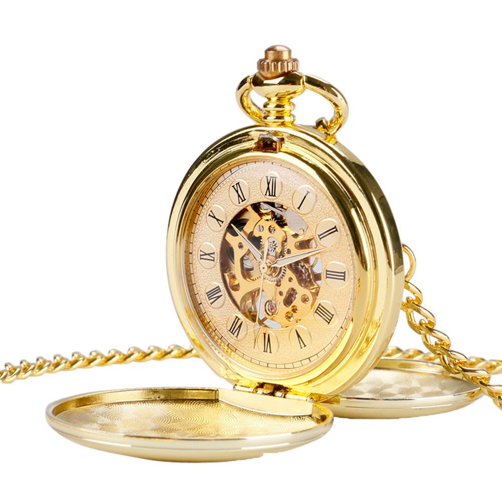 Classic double face hand winding mechanical pocket watch smooth surface hollowed Roman numeral men women mechanical pocket watch