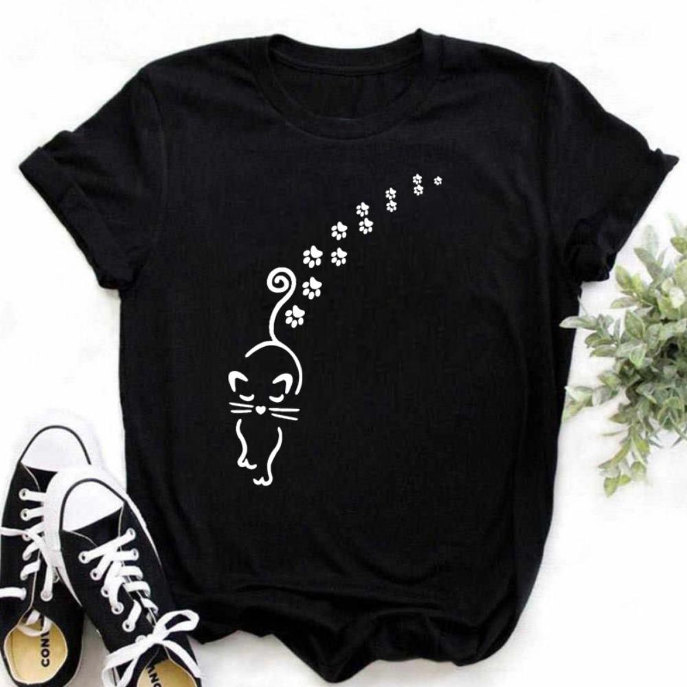 Maycaur T-shirt met hondenpootjesprint Grappig dames T-shirt Losse zomer T-shirts Harajuku Esthetische zwarte tops Casual dameskleding